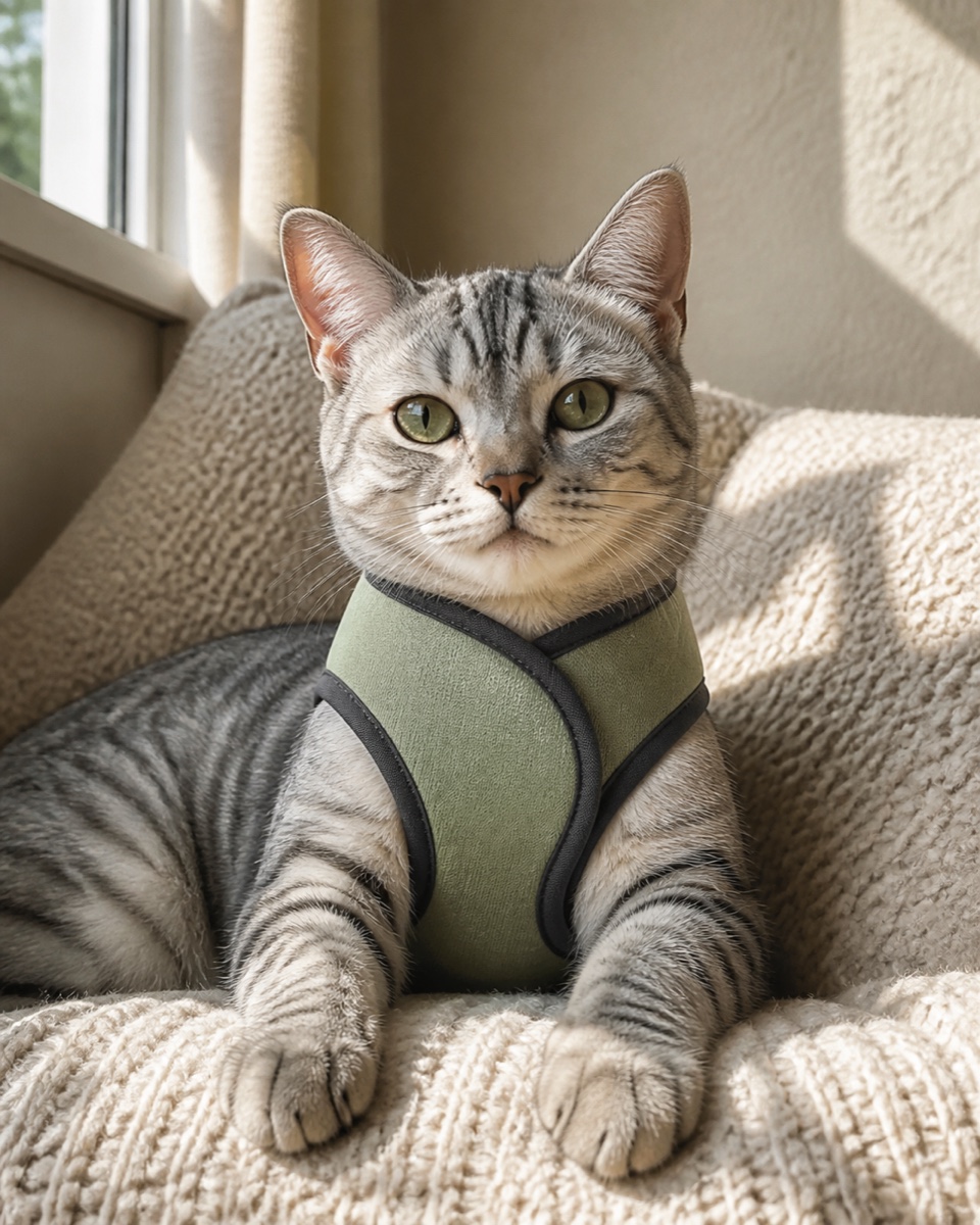 Silver tabby cat resting in a sage wrap harness