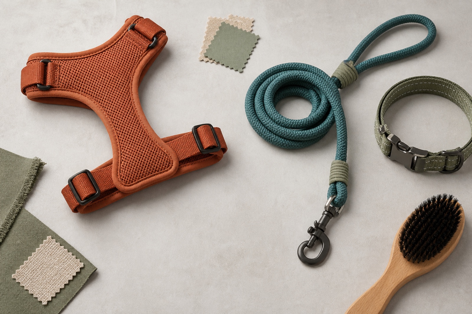 Unbranded harness, collar, and lead arranged with material swatches