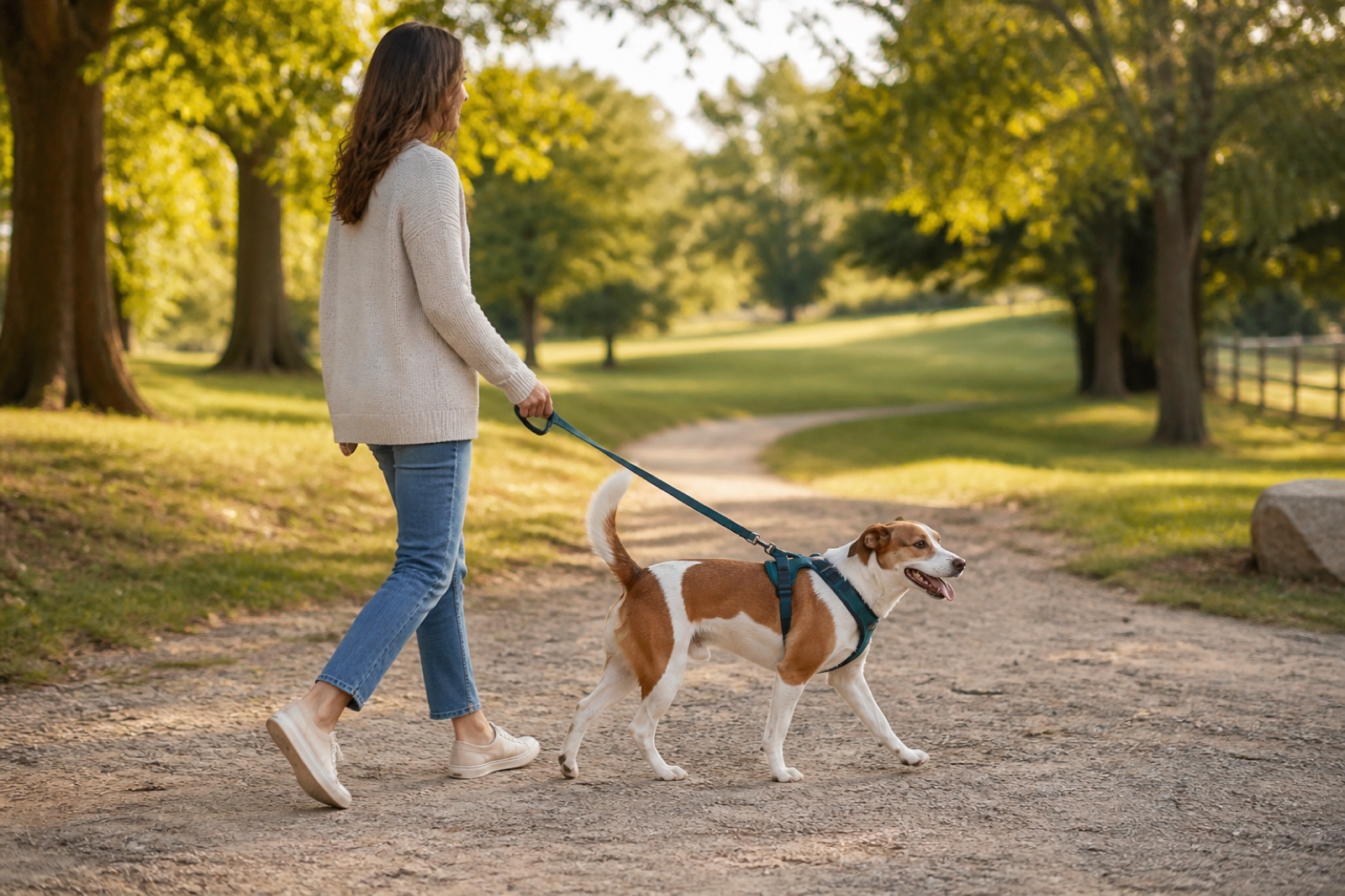 Person walking a dog in a teal harness along a park path