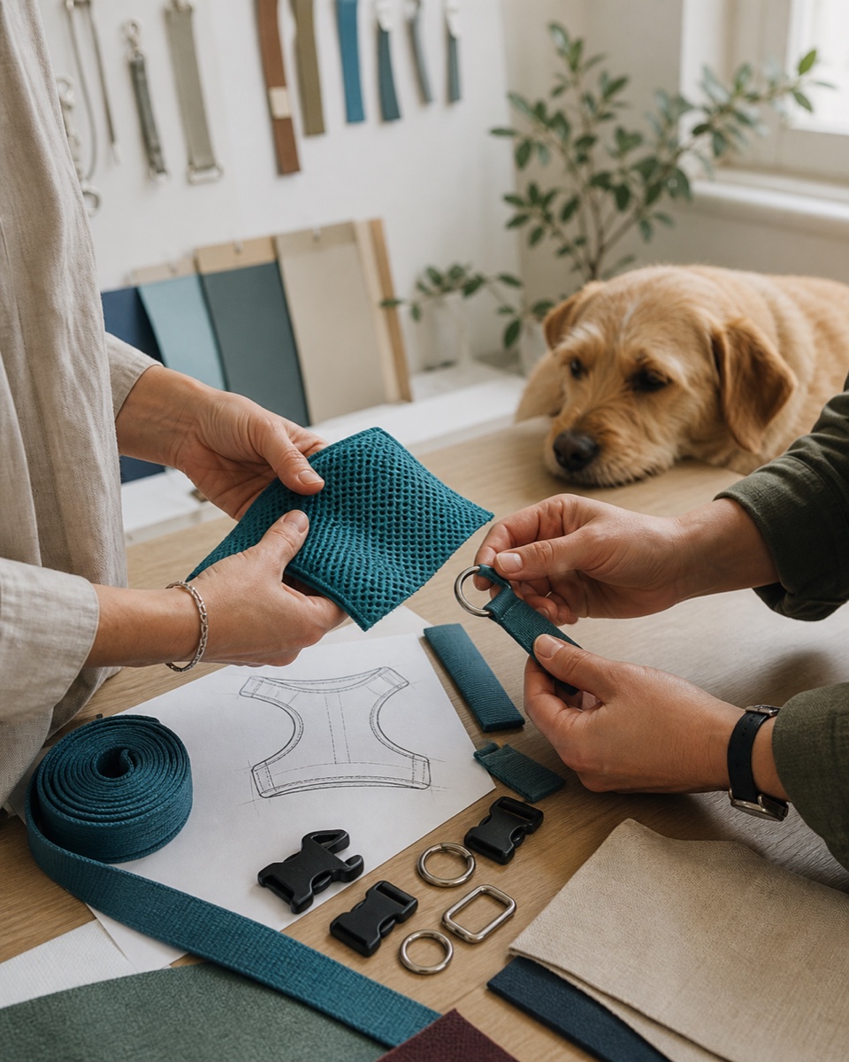 Hands comparing mesh, webbing, and hardware for pet gear