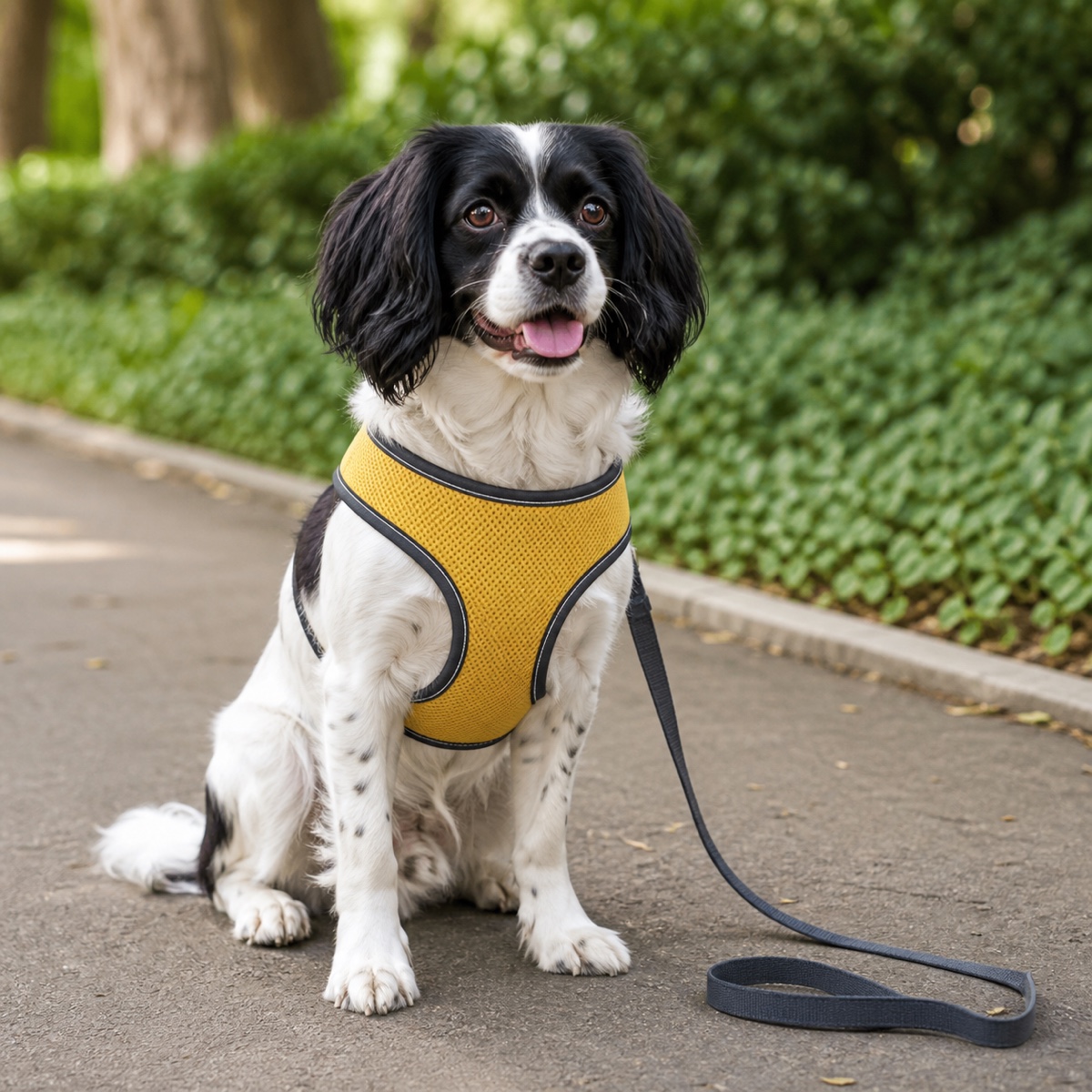 Spaniel mix wearing a yellow step-in mesh harness