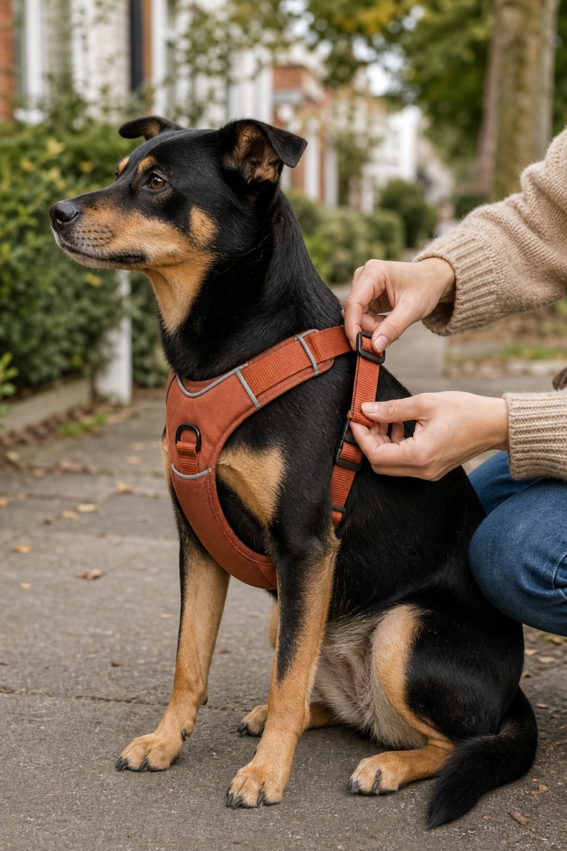 Dog having a terracotta training harness adjusted