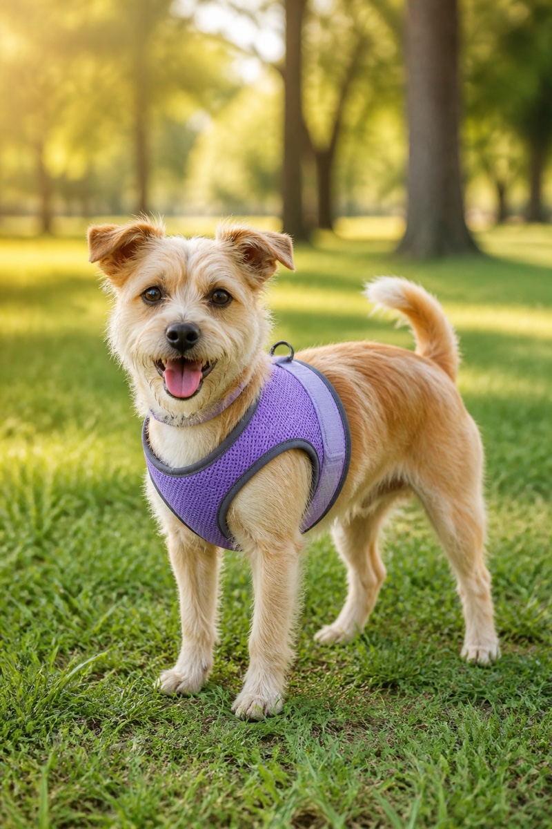 Small terrier wearing a lavender mesh wrap vest